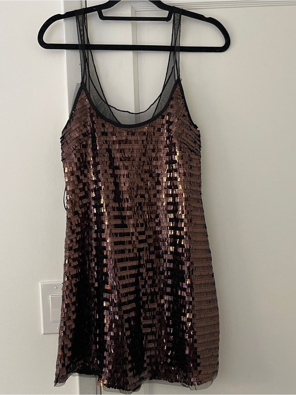 Free People Bronze Sequin Mini Dress with Black Mesh Straps
